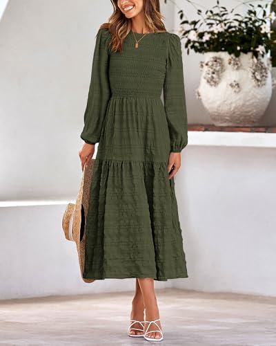 dowerme Women's Dresses 2025 Fall Puff Long Sleeve Crewneck Smocked Tiered Flowy A-Line Boho Wedding Party Maxi Dress4
