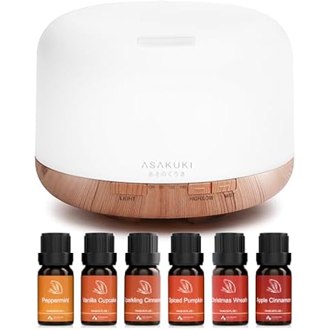 ASAKUKI Essential Oil Diffuser 500ml with Essential Oil Blends Set 6x10 ml Cover