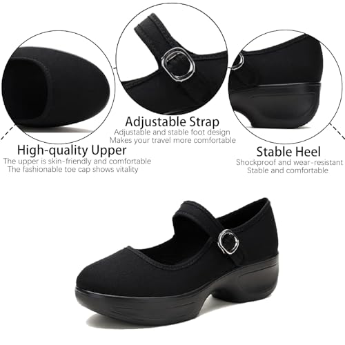Women's Canvas Platform Mary Janes Pumps with Adjust Buckle Strap Casual Comfortable Closed Round Toe Orthopedics Block Heels Sandals for Prom Work Walking Shoes3