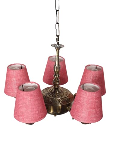 Image of Devansh 05 Lights Pink Jute conical Shade with Antique Golden Chandelier