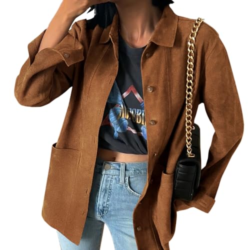 Tankaneo Womens Faux Suede Shirts Jackets Casual Button Down Long Sleeve Shackets Coat Trendy 2025 Spring Clothes