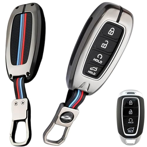 Image of BKN Luxury Metal Soft Car Key Shell with Keychain & Full Protection Key Cover Compatible with Hyundai New Verna 2020, i20 Facelift N Line N8, Tucson 2021 (4 Button Push Start Key)