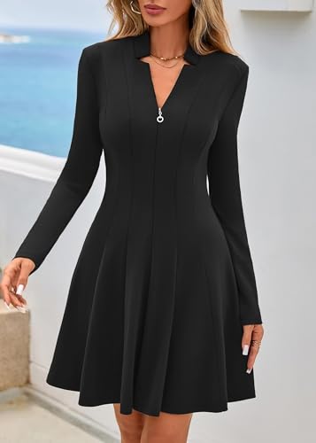 Lazysmile Fall Dresses for Women 2025 Long Sleeve V Neck Half Zip A Line Swing Casual Party Club Mini Short Dress Black — view 3