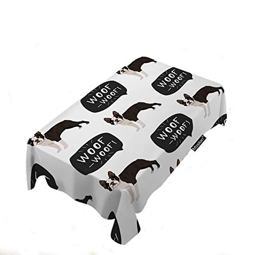 Moslion Dog Tablecloth Boston Terrier with Hand Drawn Banner Woof-Woof Cute Cartoon Animal Rectangle Tablecloth Picnic Tablecloth BBQ Table Cloths Polyester for Kitchen 52x70 Inch