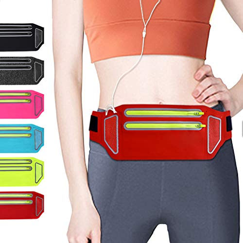 QUANFUN Slim Running Belt, Fanny Packs Waist Pack with Two Zipper Pockets Pouch Bag for Women Men, Workout Phone Holder Compatible for iPhone XR XS Max X 8+, Galaxy, Fits up to 6.5 Cell Phones - Red