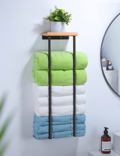 Towel Rack Wall Mounted - Kegii Towel Racks With New Upgrade Wood Shelf, Towel Storage Wall Can Holds Up To 5 Large Size(63X40 Inch) Of Rolled Towels #TOP1