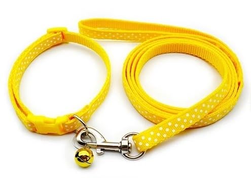 Small Dog Puppy Pet Collar and Lead Set Spot Dot Design Nylon Adjustable Size 19-32cm Collar with Bell and 120cm Leash Yellow - Image 2