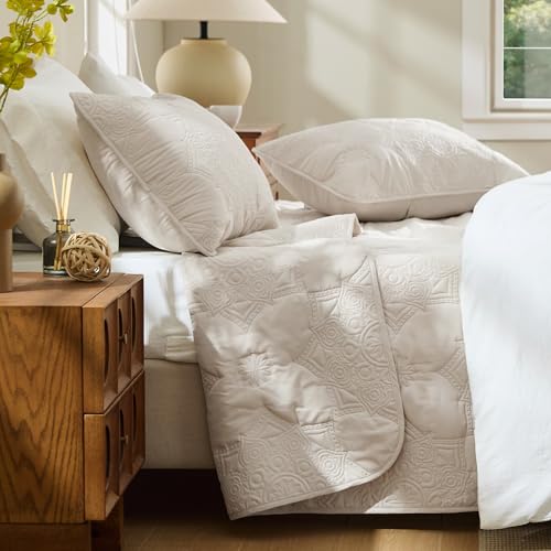 Image of Bedsure Queen Size Quilt Set - Lightweight Bedspreads Queen Size, Stitch-Free Ultrasonic Quilting Coverlet, All-Season Beige Comforter Set, Pet-Friendly Soft Machine Washable Bedding (90 inchx96 inch)