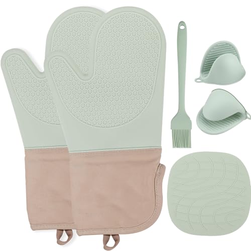 Ofenhandschuhe Topfhandschuhe Silikon Hitzebeständige Küchenhandschuhe Backhandschuhe - 6er Topfhandschuhe Anti-Rutsch mit 300°C Gestreift für Kochen Backen Silikon Hitzebest Geeignet