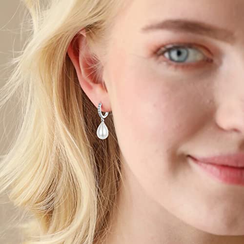 CERSLIMO Pearl Drop Earrings for Women | S925 Sterling Silver Post Simulated Shell Pearl Hoop Dangle Earrings, Hypoallergenic Cubic Zirconia Huggies Earrings Bridesmaid Jewelry3