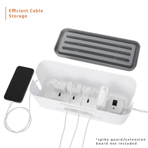 Image of Amazon Basics - Cable Management Box with Mobile Stand - Power Strip, Cords, Wires | Surge Protector Hiding Cover Organizer for Home, Office (White)