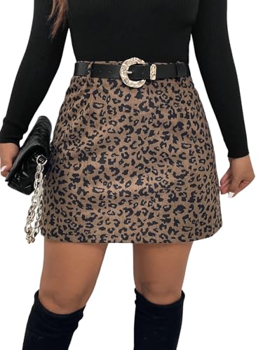 GORGLITTER Leo Rock Damen Große Größen Cordrock Kurz Minirock Mit Leopardenmuster Damenrock Mit Gummizug Freizeitrock Herbstmode Party Outfit Leopardenparden 1XL