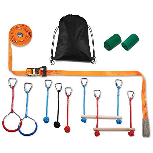 PACKGOUT Slackline, 45' Obstacles Course for Kids Warrior Training Equipment Swing Hanging Monkey Bar Kits, Gifts for Boys and Girls Included Carrying Bag and Tree Protectors