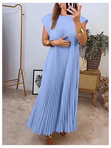 Image of GORGLITTER Women's Pleated Flowy Chiffon Church Dresses Elegant Summer Short Sleeve Wedding Guest Maxi Dress Outfits