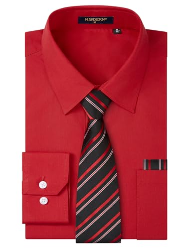 Image of HISDERN Mens Dress Shirt with Tie Pocket Square Set Classic Button Down Shirt Matching Tie Long Sleeve Shirts