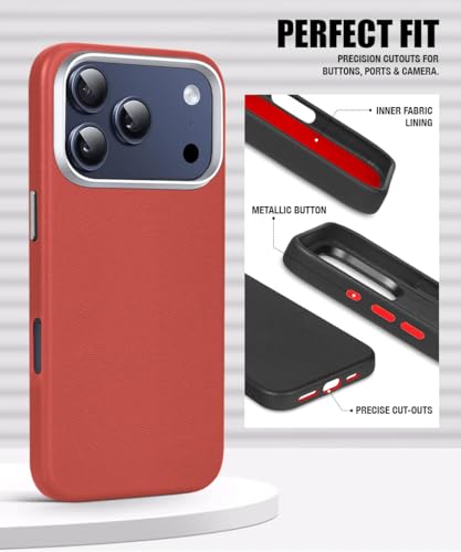 Image of WOW IMAGINE Back Cover for iPhone 17 Pro | Shockproof Tough Leather Texture Hard Mobile Case | Ultra Slim Non-Slip Grip | Inner Velvet Fabric | Metal Camera Ring - Crimson Red