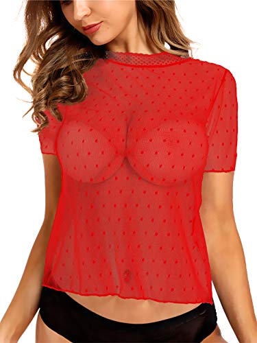 AdoreShe Women's Sexy Sheer Dot Mesh Tee Clubwear See Through Tops T-Shirt Blouse Night Out (046,Red, S)