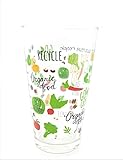 Medición en ml y Gr. La jarra medidora está hecha de vidrio reciclado con diseños de frutas, verduras y la escritura en inglés, "Go green" "reduce, reutiliza, recicla"