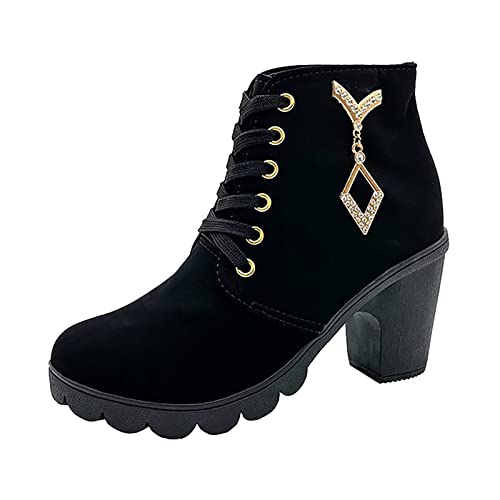 Bottes Femme Cuir Noires Femmes Chaussures épais Talon Haut Bottes Nues Bottes en Cuir Mode Talon épais Femmes Bottes Respirant Bout Rond Bottes Courtes Cuissardes Grande Taille