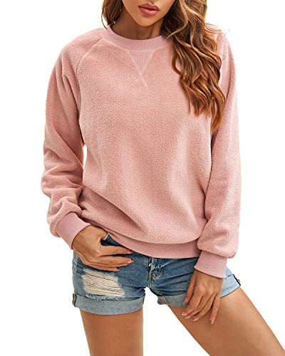 Panadila Womens Oversized Crewneck Sweatshirt Casual Sherpa Pullover Top Warm Sweater Long Sleeve Shirts(Dusty Pink,S)