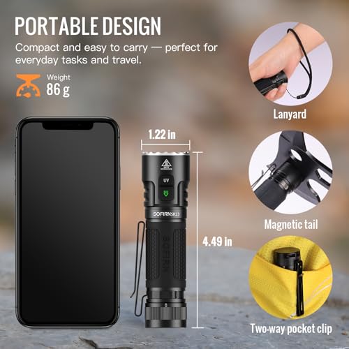 sofirn SR23 3300 Lumens EDC Flashlight USB C Rechargeable, Bright LED Flashlight with UV Light, High Lumens Portable Handheld Dual Sources Pocket Light for Outdoor, Checking, Working, Emergency