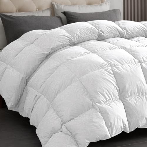 Dreamhood Luxury 90% Goose Feathers Comforter Queen Size, All Season 100% Cotton Down Duvet Insert, Retro Decoration Medium Warmth Hotel Bed Comforter with 8 Corner Tabs (White,90x90 Inches)