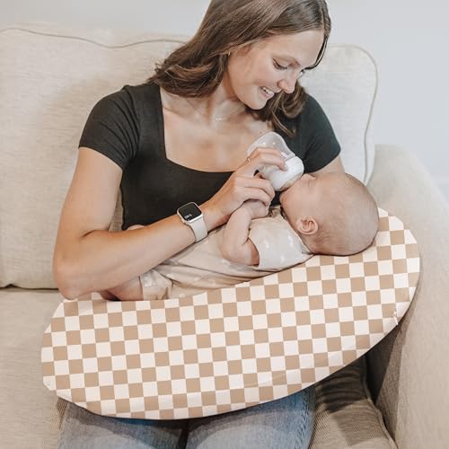Image of Konssy 2 Pack Nursing Pillow Covers, Stretchy and Soft Nursing Cover for Breastfeeding Pillows, Pillow Slipcover for Baby Girls Boys Newborn (Moon,Coffee Check)
