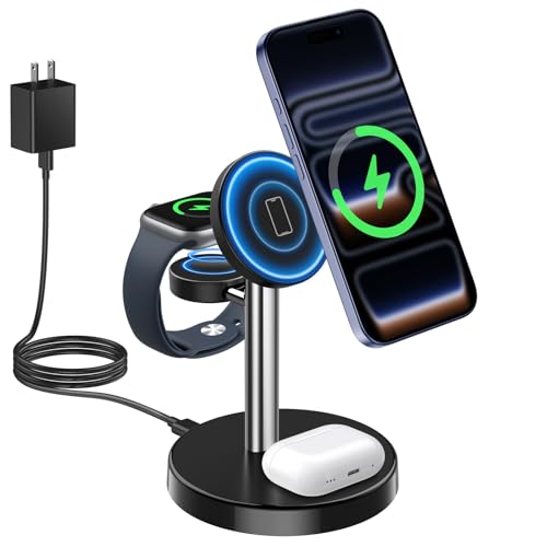 Image of 2026 3 in 1 Wireless Charging Station Compatible with MagSafe, 15W Fast Magnetic Mag-Safe Charger Stand for Apple iPhone 17 16 15 14 13 12 Series iWatch AirPods Pro 4 3 2, SilverBlack