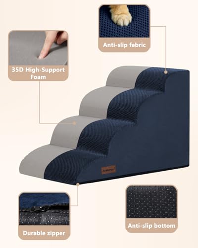 Image of Aodisman Dog Steps for Bed or Couch,4 Step Pet Stairs for Small Dogs & Cat | Curved dog ramp help small dogs, senior cats and puppies get on and off couches and beds, non-slip bottom, 17.4 inch H,Blue