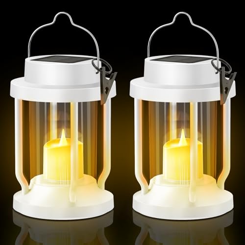 FriutShine Solar Lantern Outdoor & Indoor Use – Hanging Solar Lights with Realistic Flickering Flameless Candle, Weatherproof for Gardens, Patios, Trees, and Lawns (White, 2 Pack)