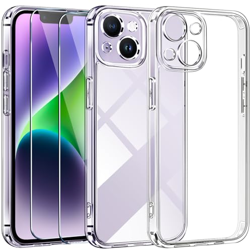 ivoler 3 in 1 Clear Funda para iPhone 14 6.1 Pulgadas con 2 Piezas Cristal Templado, [Nunca Amarillo] [Protección Militar] [Protección de Cámara] Transparente Anti Choque Carcasa Protectora