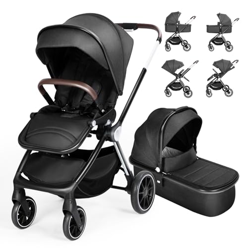 Image of Lightweight Self-Folding Baby Stroller, Auto Fold, Compact Baby Carriage, Ideal for Easy Outings, Airplane-Friendly, Foldable Design (Black, Stroller+Bassinet)