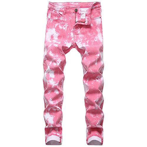 Men's Slim Fit Printed Stretch Jeans Skinny Casual Comfy Denim Pants Lightweight Stylish Hip Hop Jean Trousers (Pink,36)