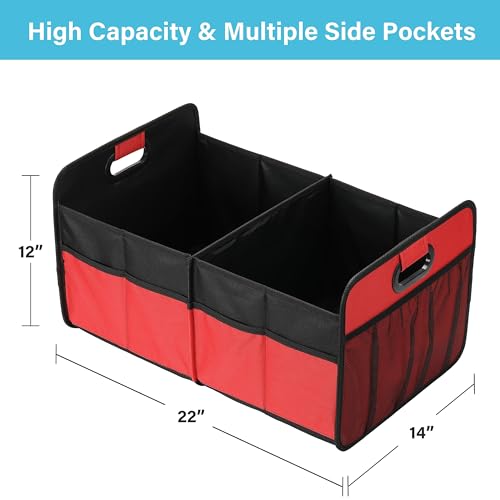 Simple Deluxe Car Trunk Organizer, Anti-slip Design, Made of Waterproof 600D Oxford Polyester, 2 Compartments Collapsible Trunk Storage, Suitable for SUV, 14" D x 22" W x 12" H, Red