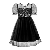 Girls Sparkly Sequin Tulle Sundress Polka Dot Mesh Puff Sleeve Party Dress Black, 12Y