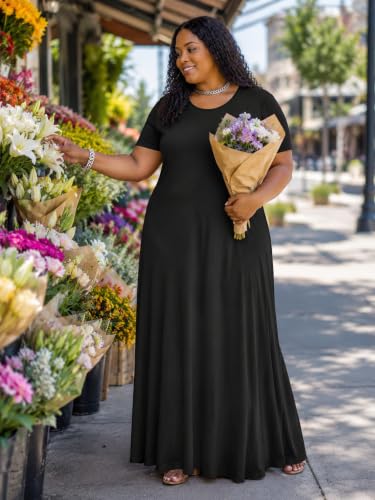 Image of PinkPatty Women's Plus Size Maxi Dresses Short Sleeve Sundress Summer T-Shirt Beach Long Dress with Pockets
