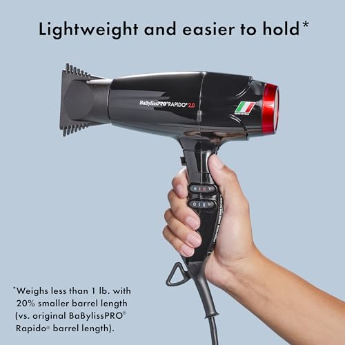 BaBylissPRO Rapido 2.0 Séchoir professionnel Ionique compact haute performance, sécheur professionnel professionnel haute vitesse conçu par l'Italie avec diffuseur, 2 Buse concentratrice, & Pièces jointes de peigne