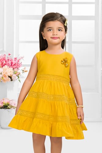 Image of Soft Cotton Lace Work Knee Length Fit & Flare Dress for Kids & Girls, Flower Embellished Frock for Casual & Special Occasion