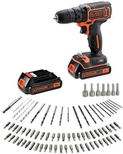 Taladro inalámbrico de iones de litio BLACK+DECKER de 18 V con cargador, incluye 80 accesorios y 2 baterías de 1,5 Ah, se entrega en una caja, para tintes de metal, madera y rostro