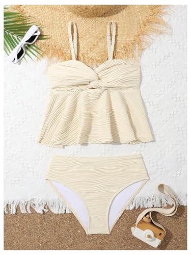 OYOANGLE Girl's 2 Piece Tankini Swimsuit Textured Twist Front Ruched Ruffle Bikini Set Bathing Suits4
