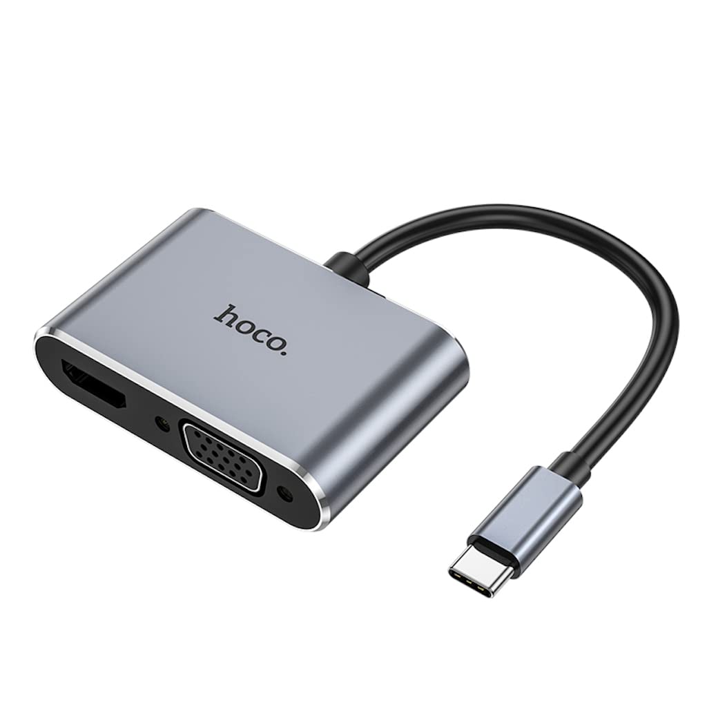 HOCOHB30 - Eco, Multi-Function Hub Converter, Type-C To HDMI + VGA + USB3.0 + PD, 4K 30Hz / 1080p, 100W PD Charging, Type-C To TV/Projector/Display, Compatible With Windows and Mac OS - Metal Grey