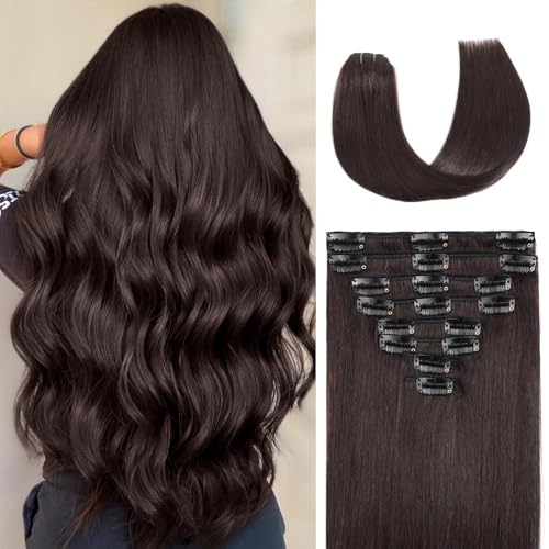 Clip in Hair Extensions Real Human Hair Dark Brown Hair Extensions Clip Ins