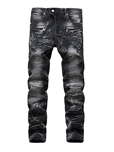 Andongnywell Men's Destroyed Slim Fit Straight Biker Jeans Man Distressed Denim Pants Trousers with Zip Pocket