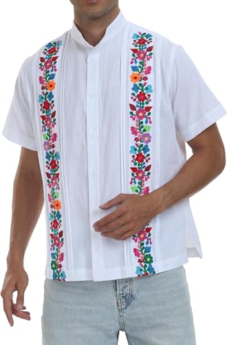 YZXDORWJ Men's Mexican Cuban Shirt Embroidered Traditional Button Down Shirt Summer Band Collar Short Sleeve Tops4