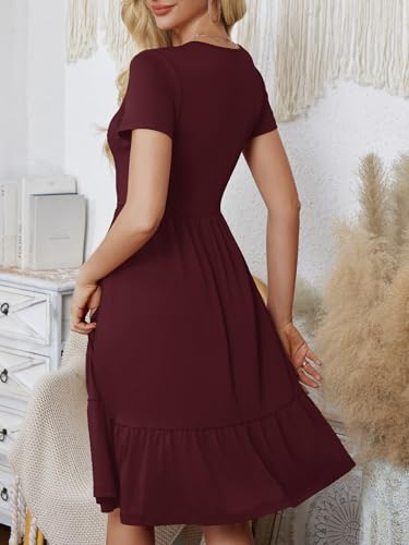 Image of Women's Casual Summer Dress Short Sleeve Swing Flowy Shirt Crewneck Aline Midi Beach Dresses Burgundy