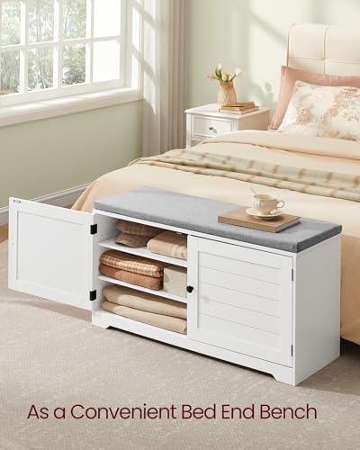 Image of VASAGLE Shoe Storage Bench with Cushion, 3-Tier Entryway Bench with Padded Seat, Doors, Adjustable Shelves, 14 x 39.8 x 20.7 Inches, for Hallway, Bedroom, Cloud White and Dove Gray ULSB044W01