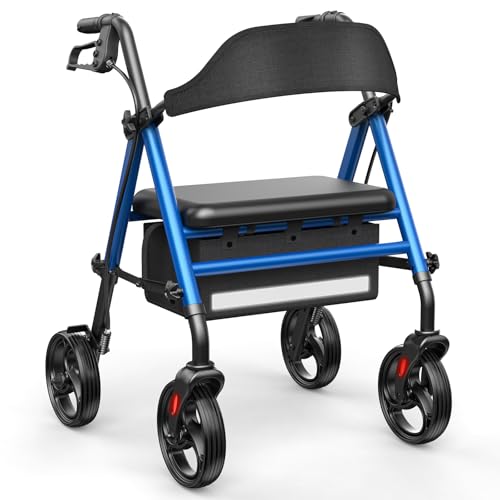 Telgome Foldable Rollator Walkers with Seat for Seniors, Thickened Flat Tube Frame, 350 lb Weight Capacity, Height Adjustable,8'' Big Wheels, Lightweight Rolling Walker,Blue