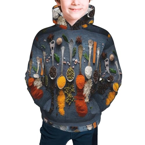 Various Herbs And Spices In Spoons Kid Hoodies Boys Sweatshirts Girls Pullover with Pocket3