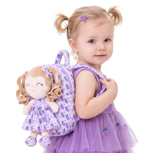 Image of Gloveleya Toddler Backpack Baby Girl Gifts Curly Hair Plush Figures Dress Backpack Kids Backpack Curly Hair Spring Girl Fruit - Grape 9inches