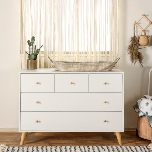 Image of dadada Austin 5-Drawer Dresser for Nursery and Bedroom - Modern Design, Large Storage, Baby-Safe Finish, Anti-Tip Safety, Solid Wood Feet, Durable Construction (White+Natural)